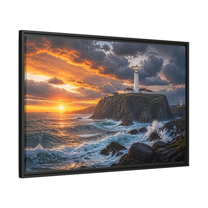 Side Mockup 13. Sunset Lighthouse Landscape shown as framed canvas print