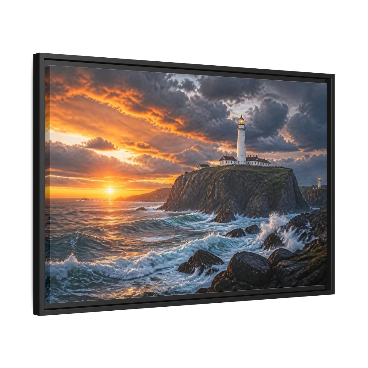 Side Mockup 14. Sunset Lighthouse Landscape shown as framed canvas print