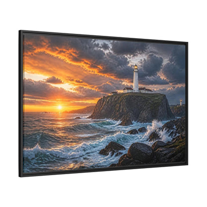 Side Mockup 12. Sunset Lighthouse Landscape shown as framed canvas print