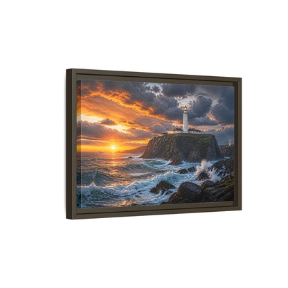 Side Mockup 5. Sunset Lighthouse Landscape shown as framed canvas print