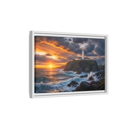 Side Mockup 4. Sunset Lighthouse Landscape shown as framed canvas print