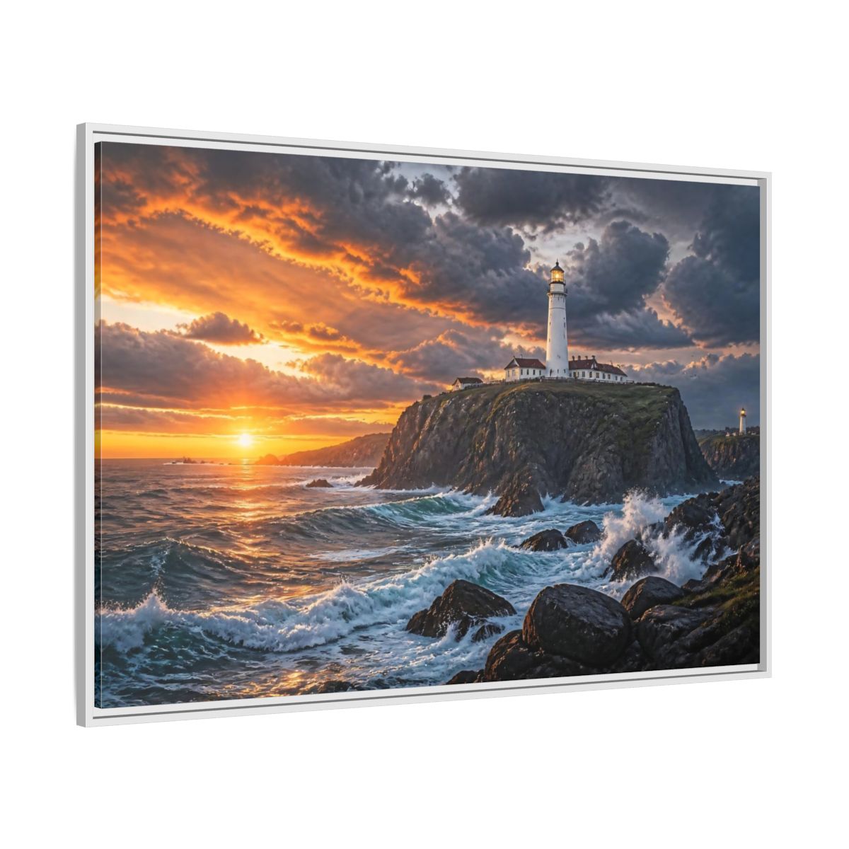 Side Mockup 7. Sunset Lighthouse Landscape shown as framed canvas print