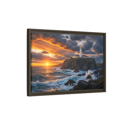 Side Mockup 2. Sunset Lighthouse Landscape shown as framed canvas print
