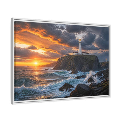 Side Mockup 9. Sunset Lighthouse Landscape shown as framed canvas print