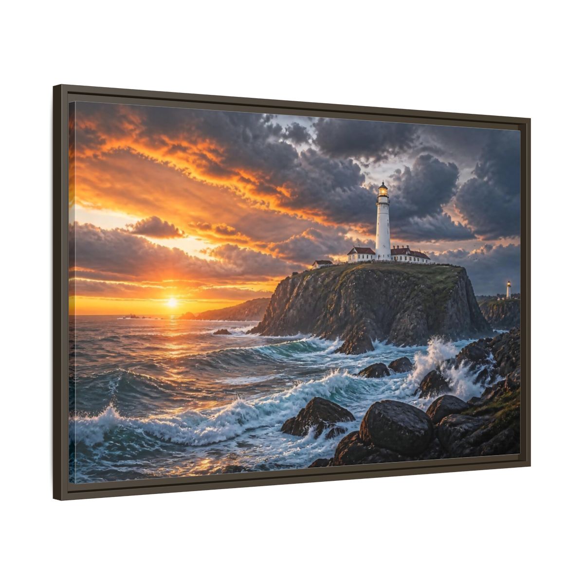 Main Mockup. Sunset Lighthouse Landscape shown as framed canvas print