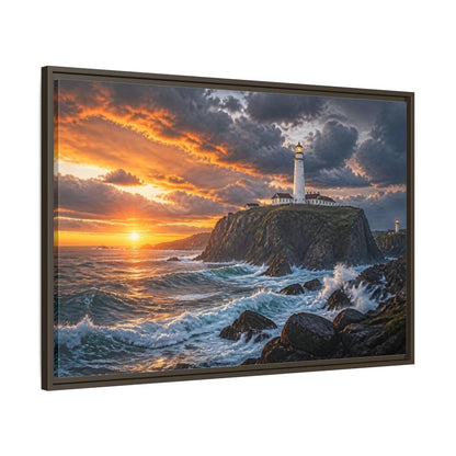 Main Mockup. Sunset Lighthouse Landscape shown as framed canvas print