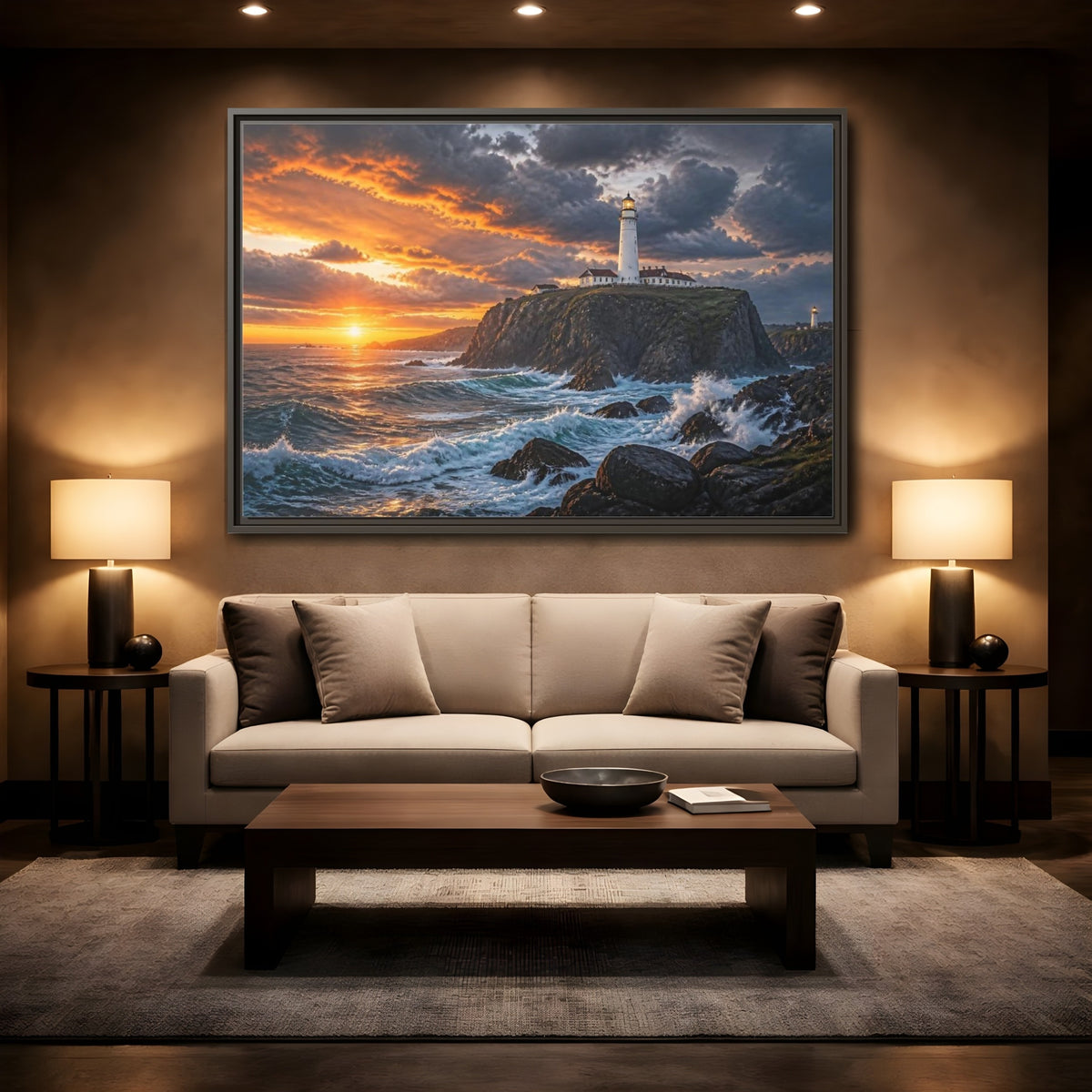 Mockup 2. Sunset Lighthouse Landscape shown as framed canvas print