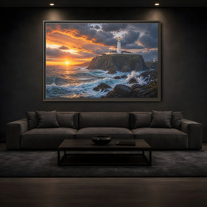 Mockup 3. Sunset Lighthouse Landscape shown as framed canvas print