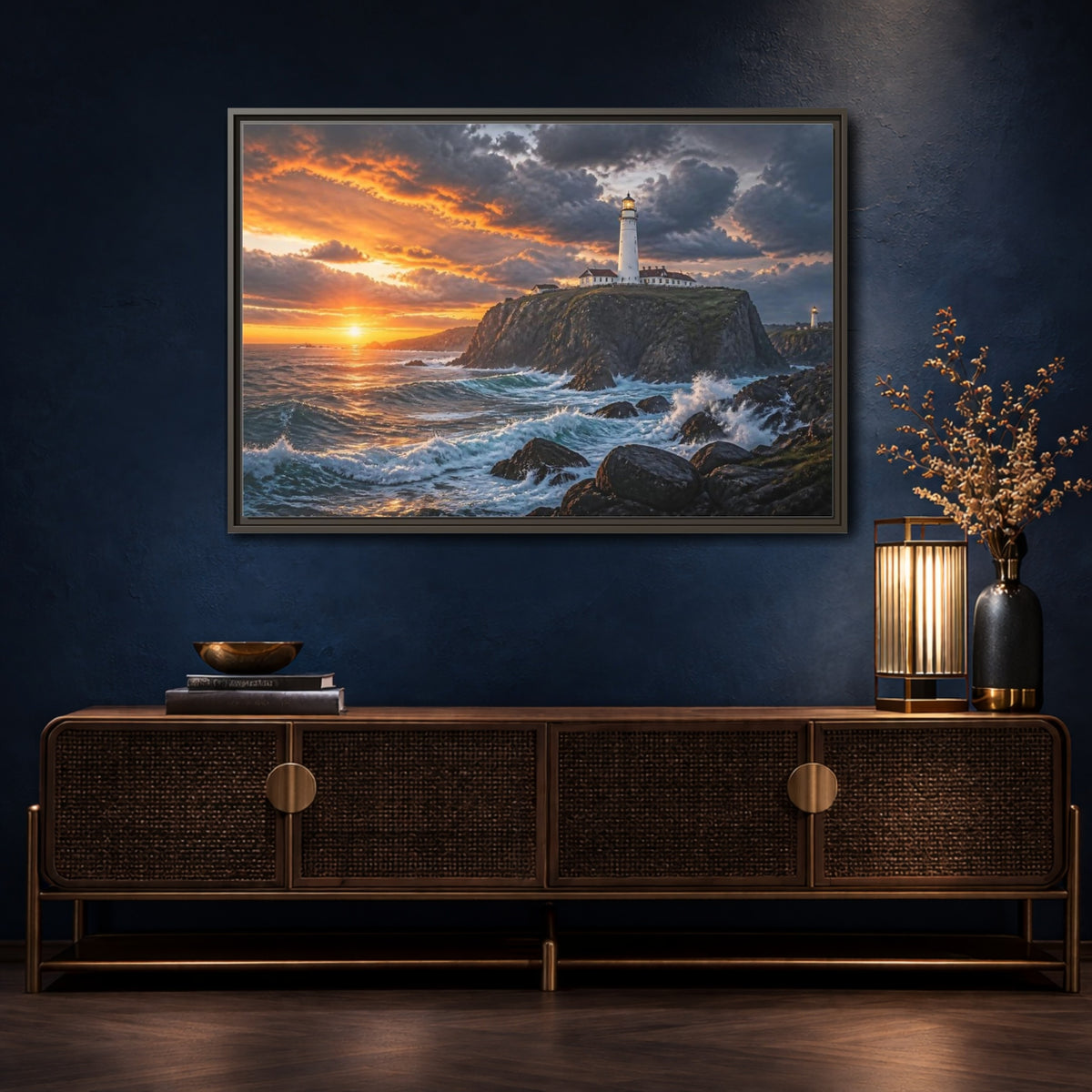 Mockup 4. Sunset Lighthouse Landscape shown as framed canvas print