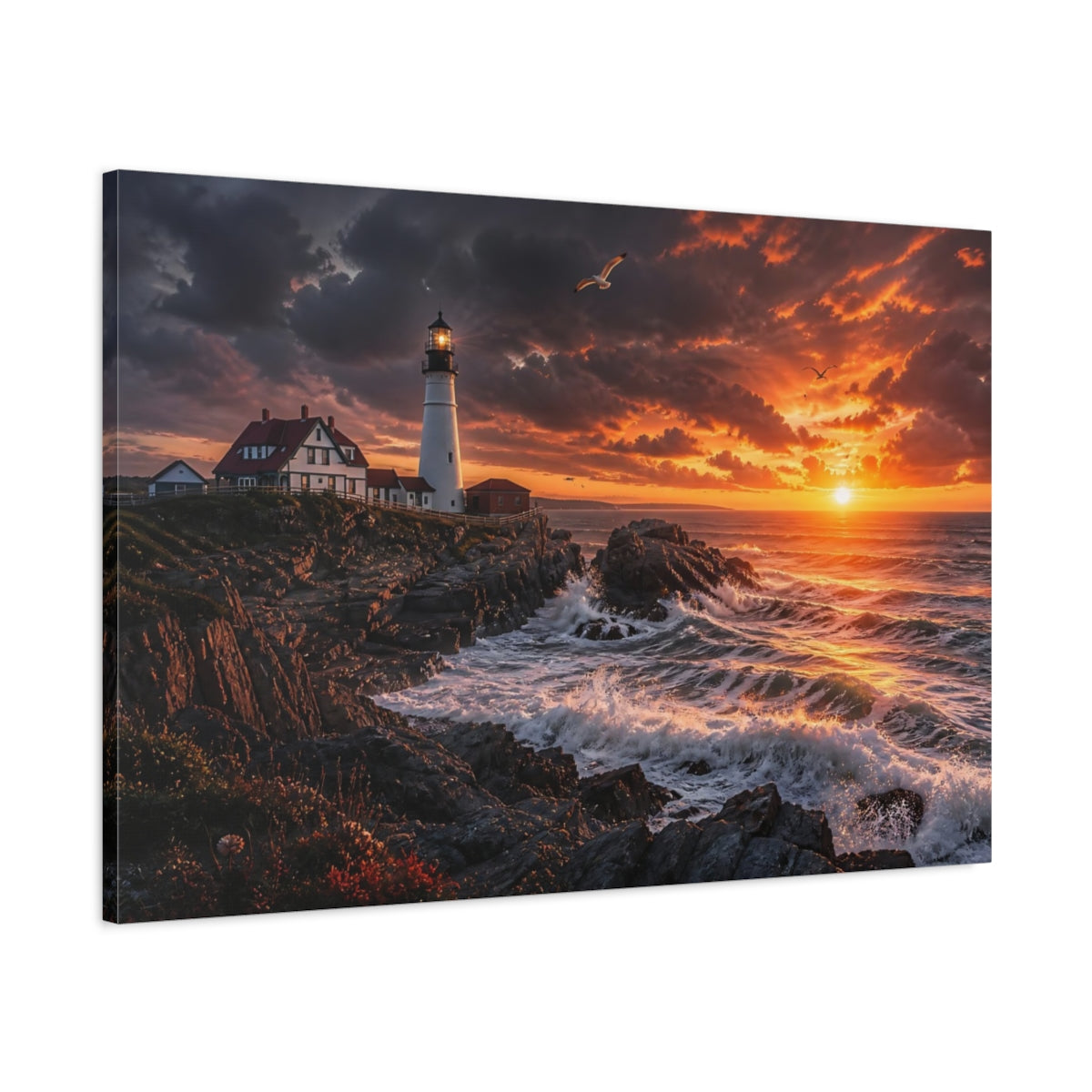 Main Mockup. Sunset Lighthouse On Cliffs shown as canvas print