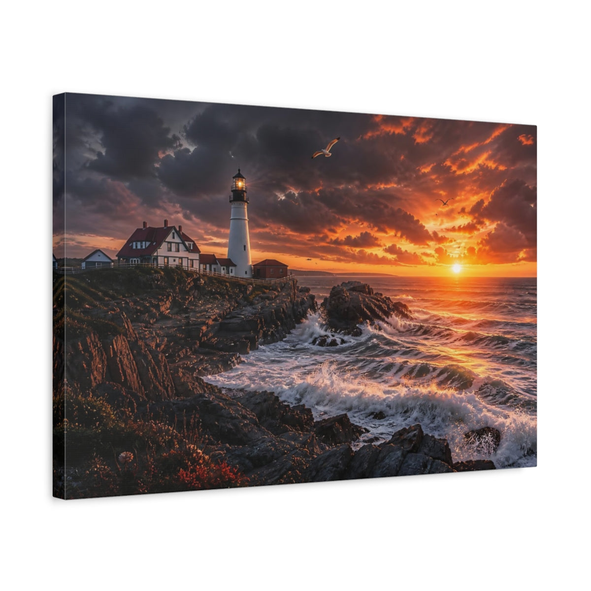 Side Mockup 3. Sunset Lighthouse On Cliffs shown as canvas print
