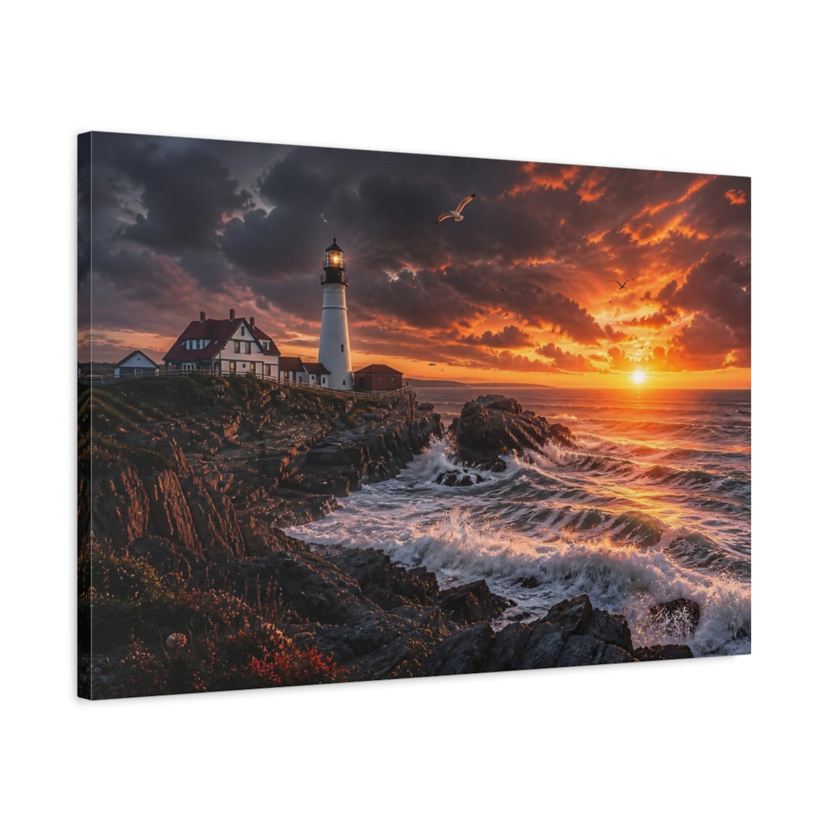 Side Mockup 2. Sunset Lighthouse On Cliffs shown as canvas print