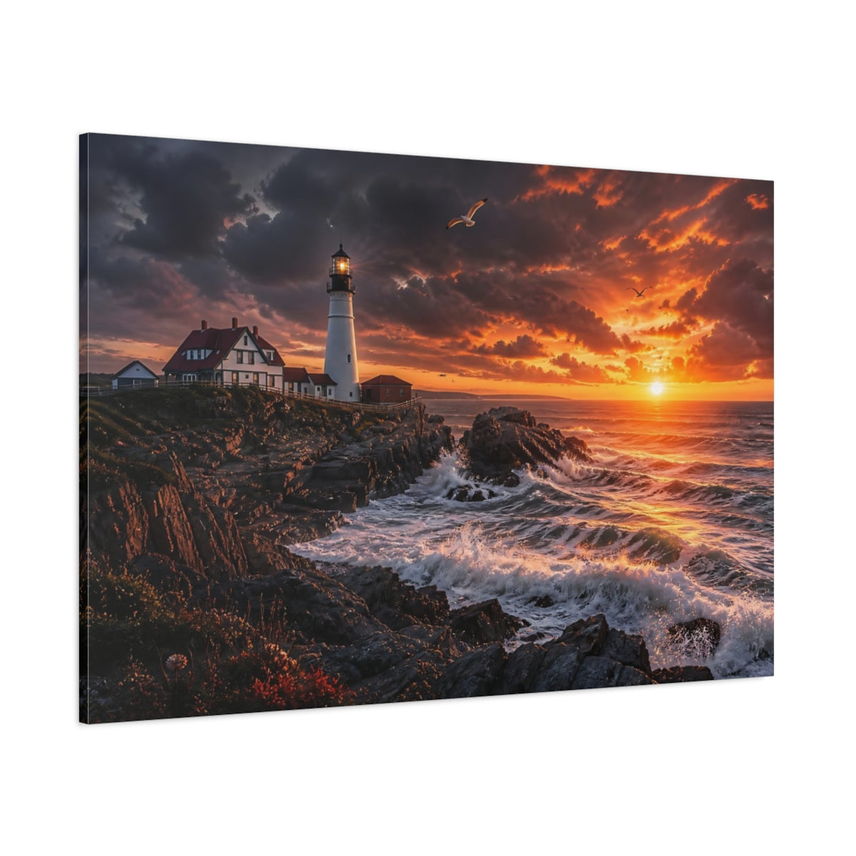 Side Mockup 1. Sunset Lighthouse On Cliffs shown as canvas print