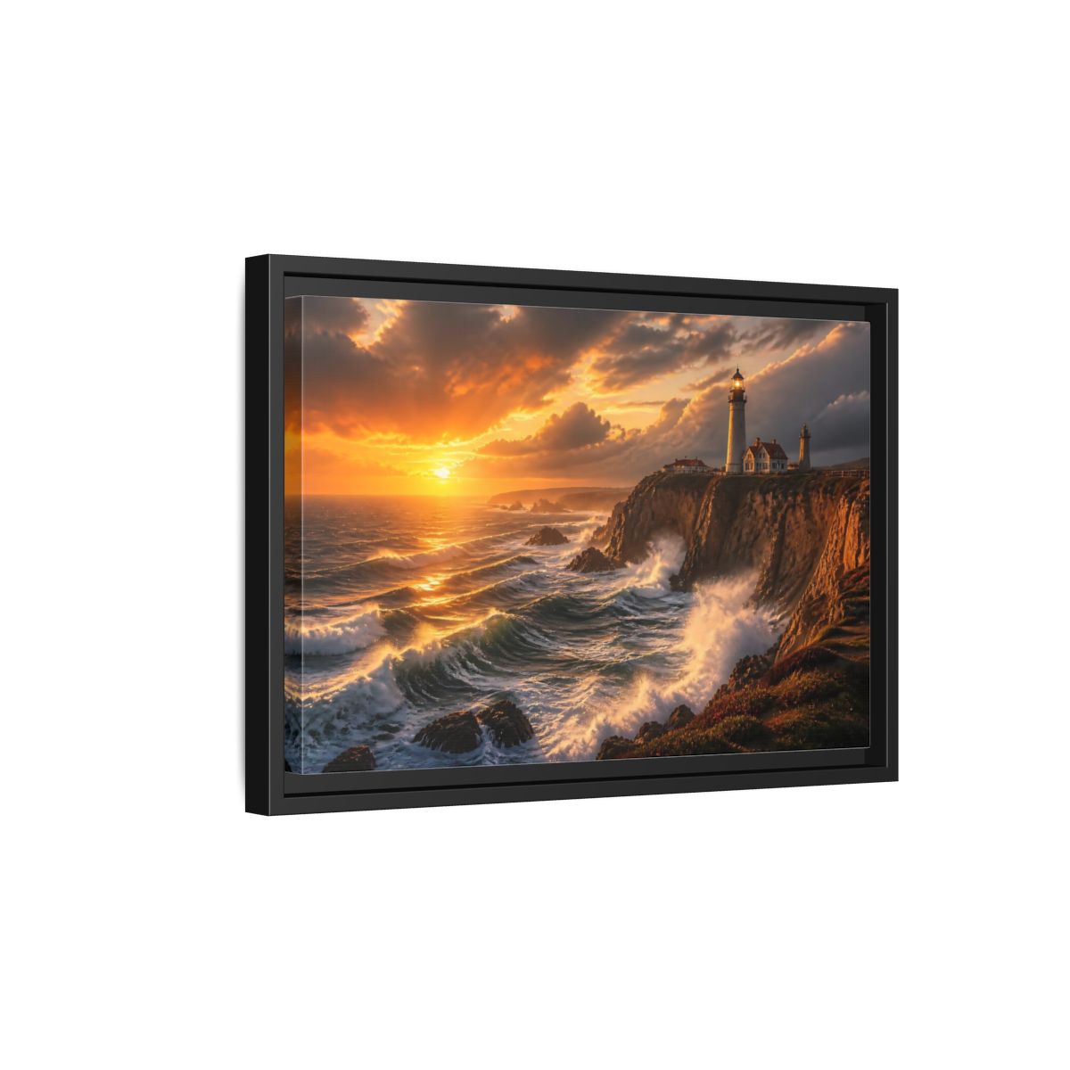 Side Mockup 6. Sunset Lighthouse On Cliffs shown as framed canvas print