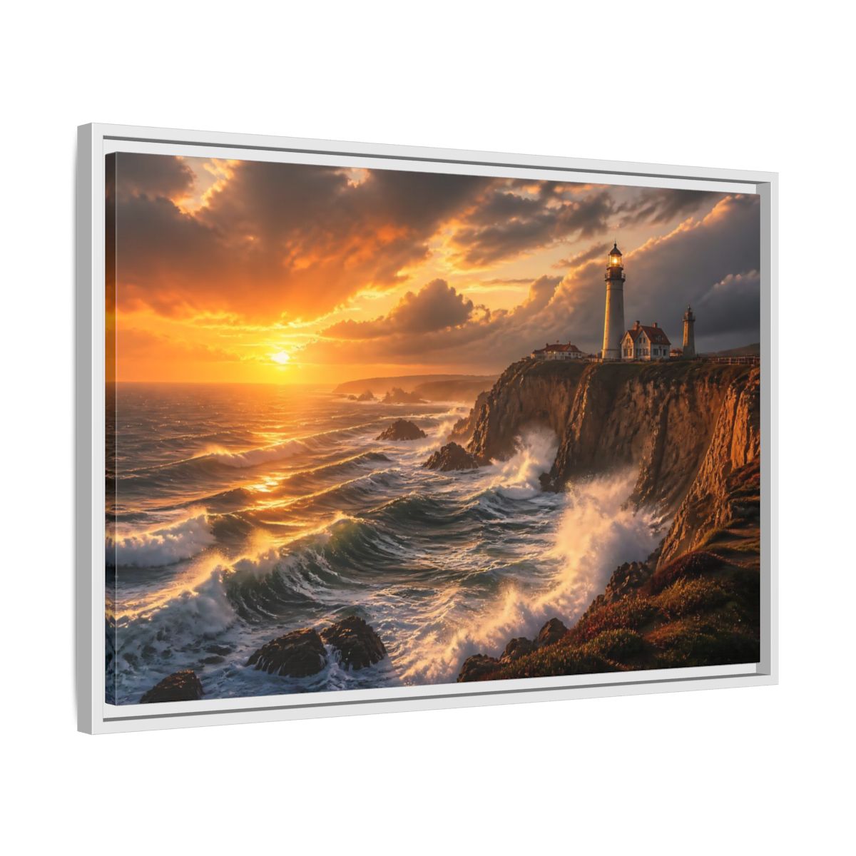 Side Mockup 10. Sunset Lighthouse On Cliffs shown as framed canvas print