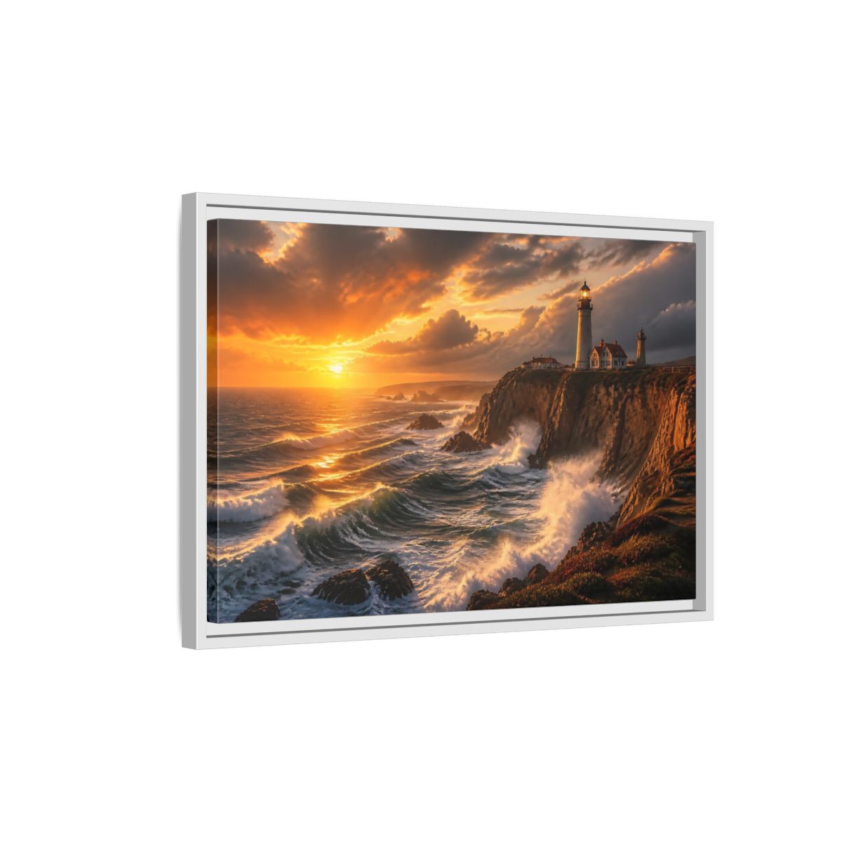 Side Mockup 1. Sunset Lighthouse On Cliffs shown as framed canvas print