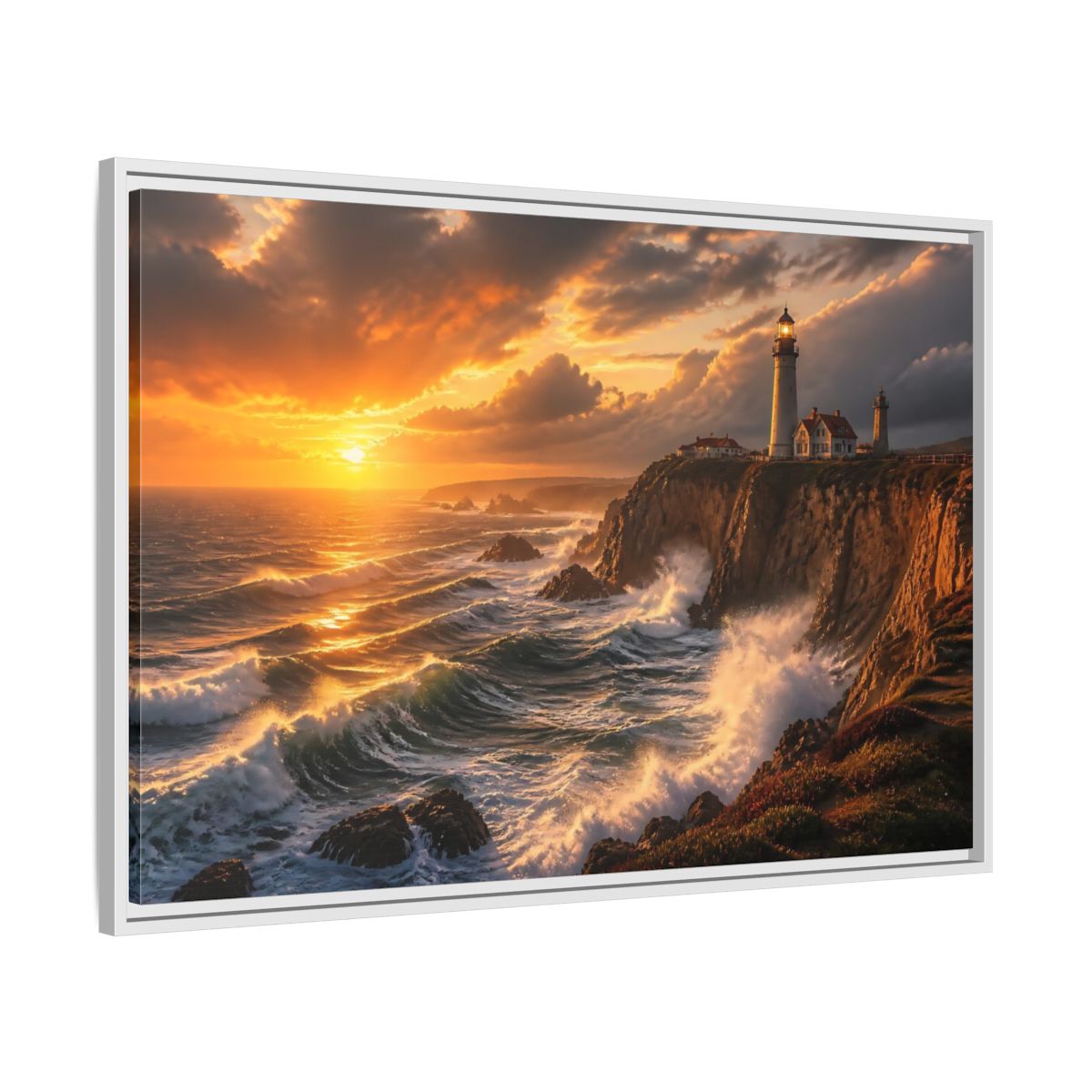 Side Mockup 9. Sunset Lighthouse On Cliffs shown as framed canvas print
