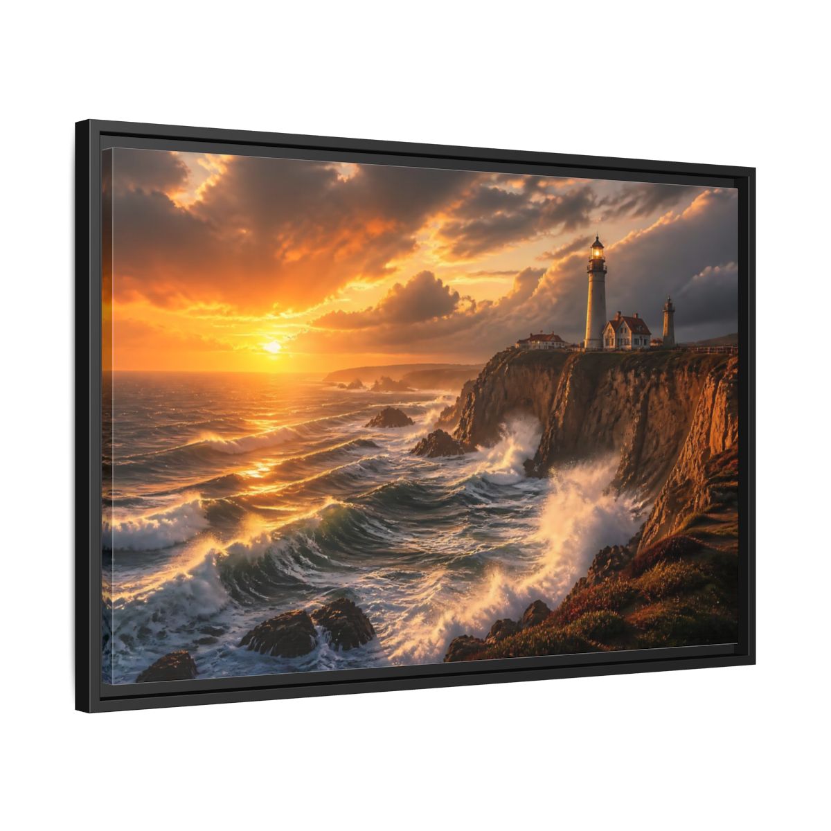 Side Mockup 14. Sunset Lighthouse On Cliffs shown as framed canvas print