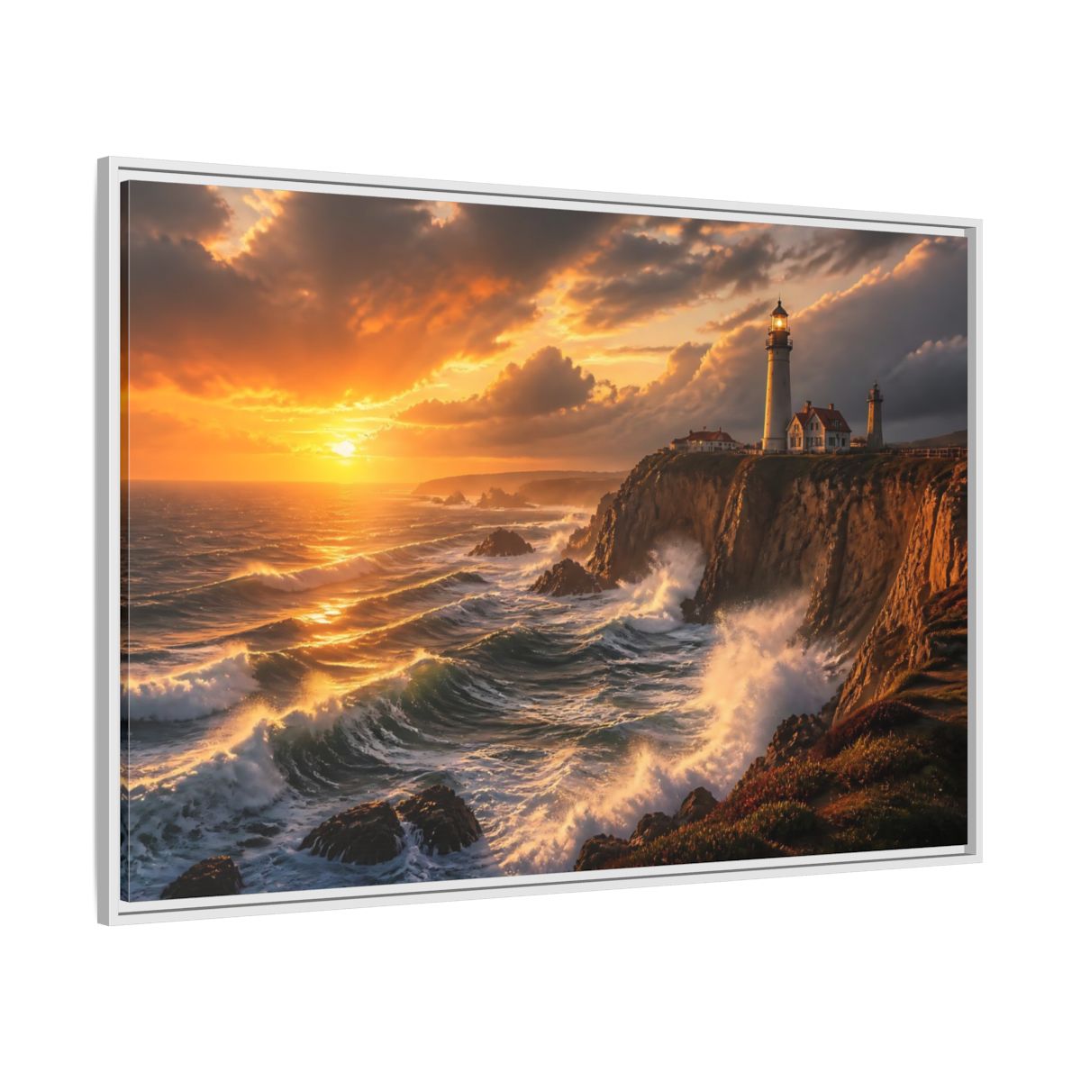 Side Mockup 7. Sunset Lighthouse On Cliffs shown as framed canvas print