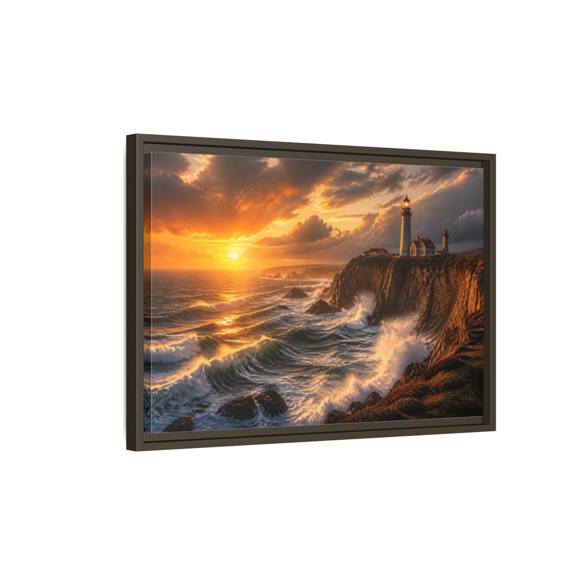 Side Mockup 2. Sunset Lighthouse On Cliffs shown as framed canvas print