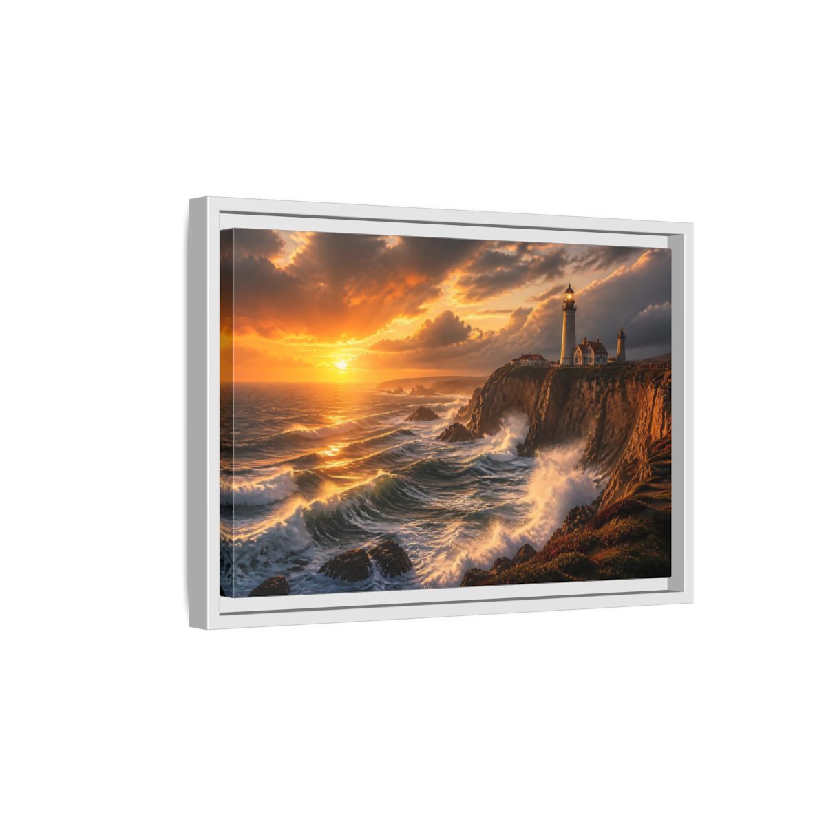 Side Mockup 4. Sunset Lighthouse On Cliffs shown as framed canvas print