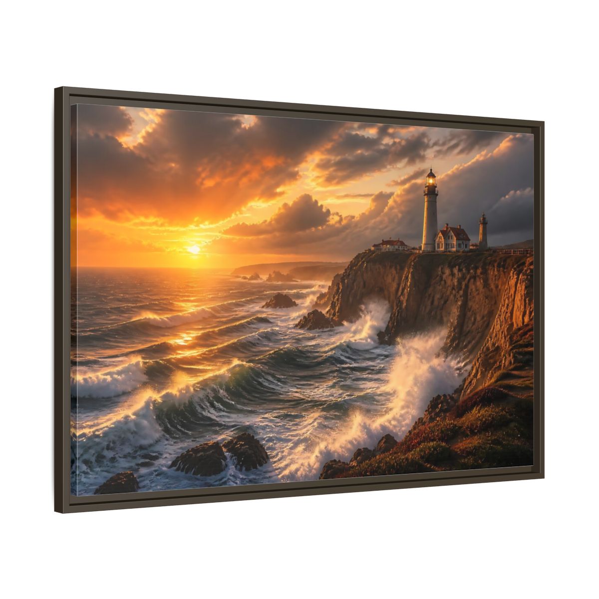 Main Mockup. Sunset Lighthouse On Cliffs shown as framed canvas print