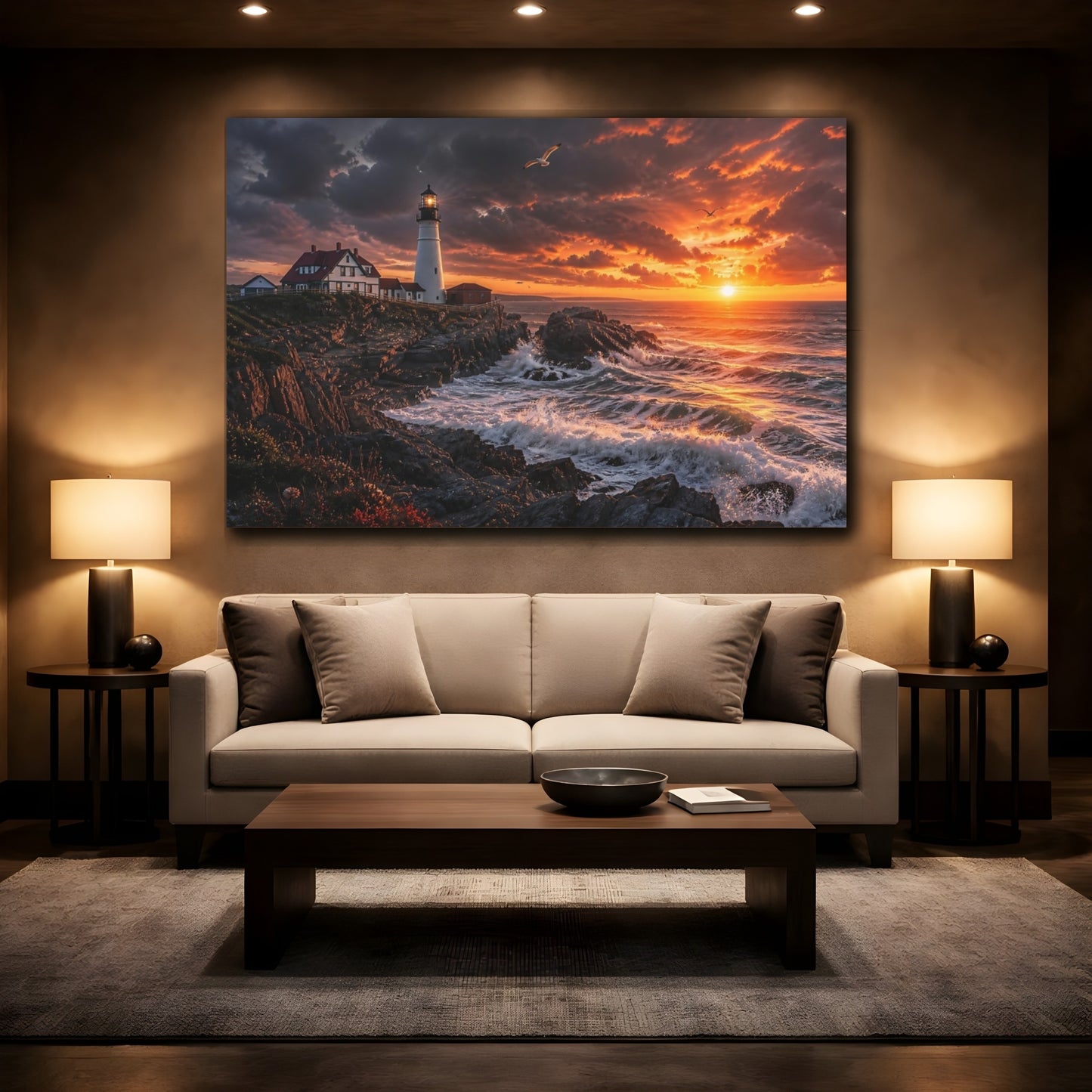 Mockup 2. Sunset Lighthouse On Cliffs shown as canvas print