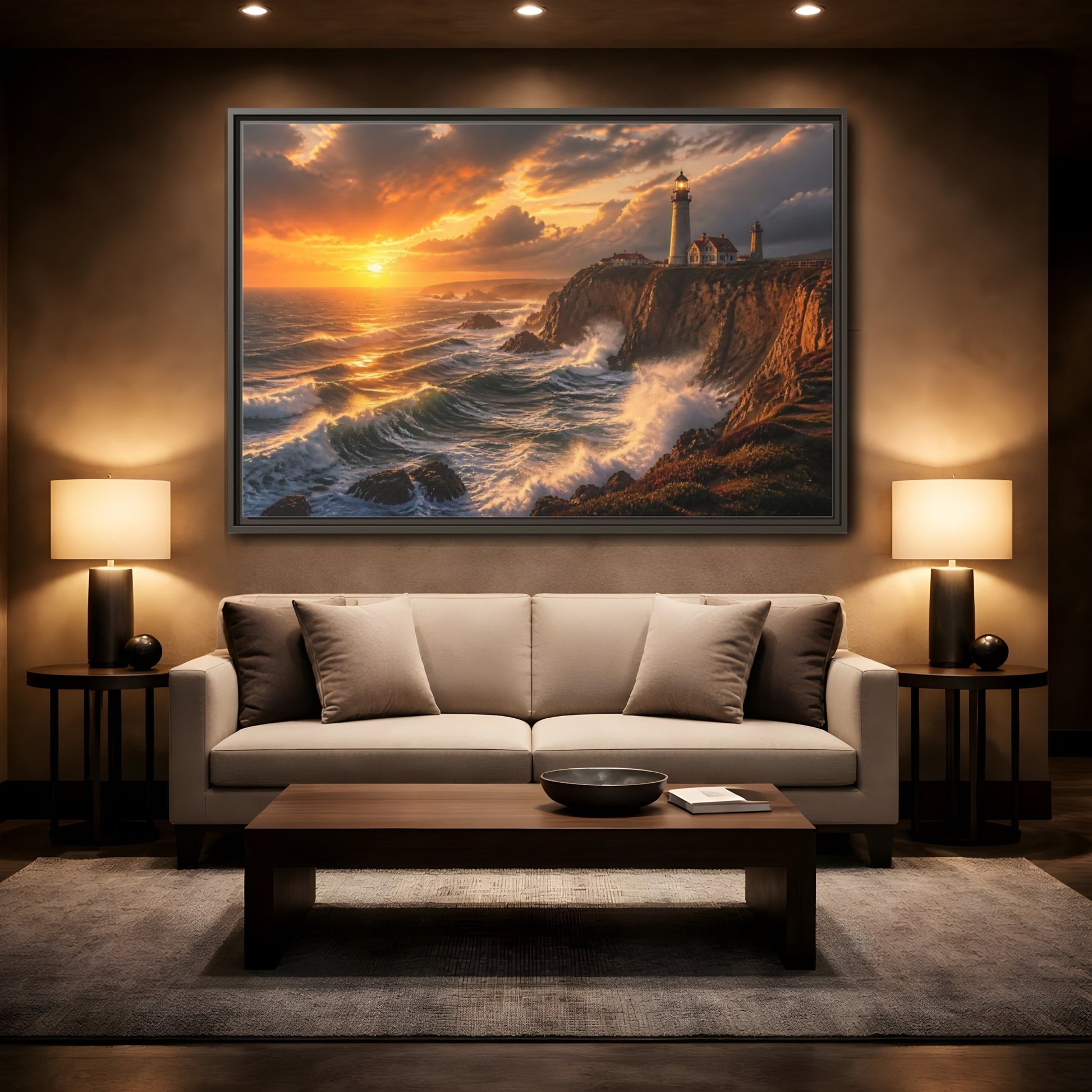 Mockup 2. Sunset Lighthouse On Cliffs shown as framed canvas print