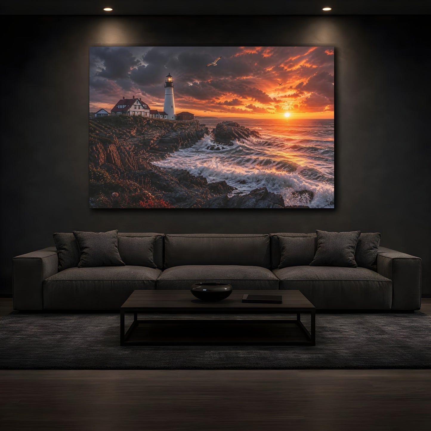 Mockup 3. Sunset Lighthouse On Cliffs shown as canvas print