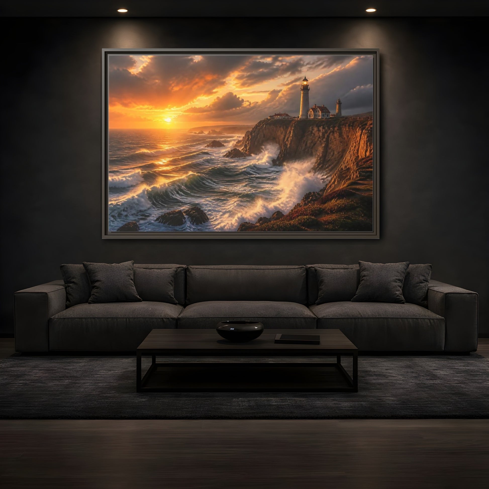Mockup 3. Sunset Lighthouse On Cliffs shown as framed canvas print