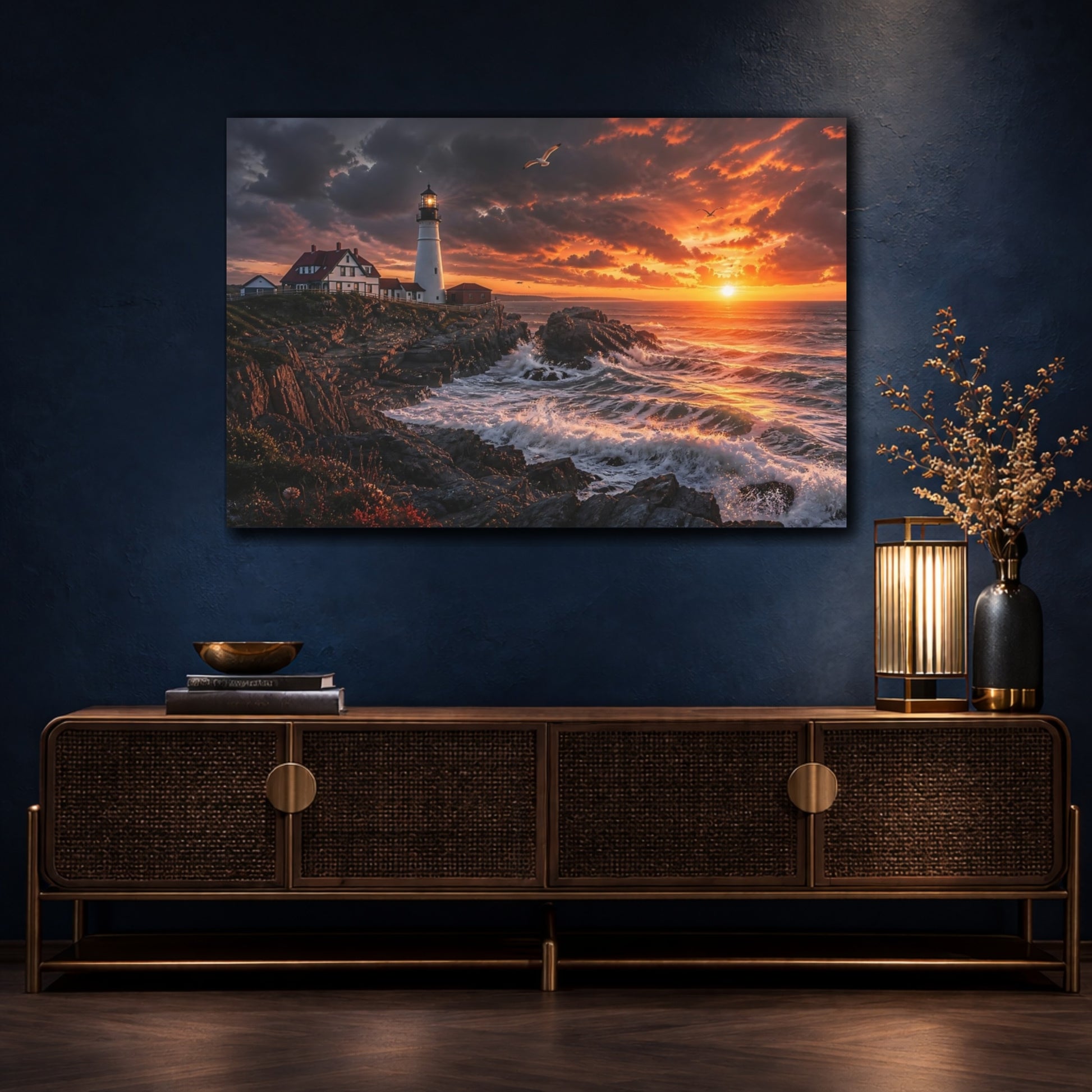 Mockup 4. Sunset Lighthouse On Cliffs shown as canvas print