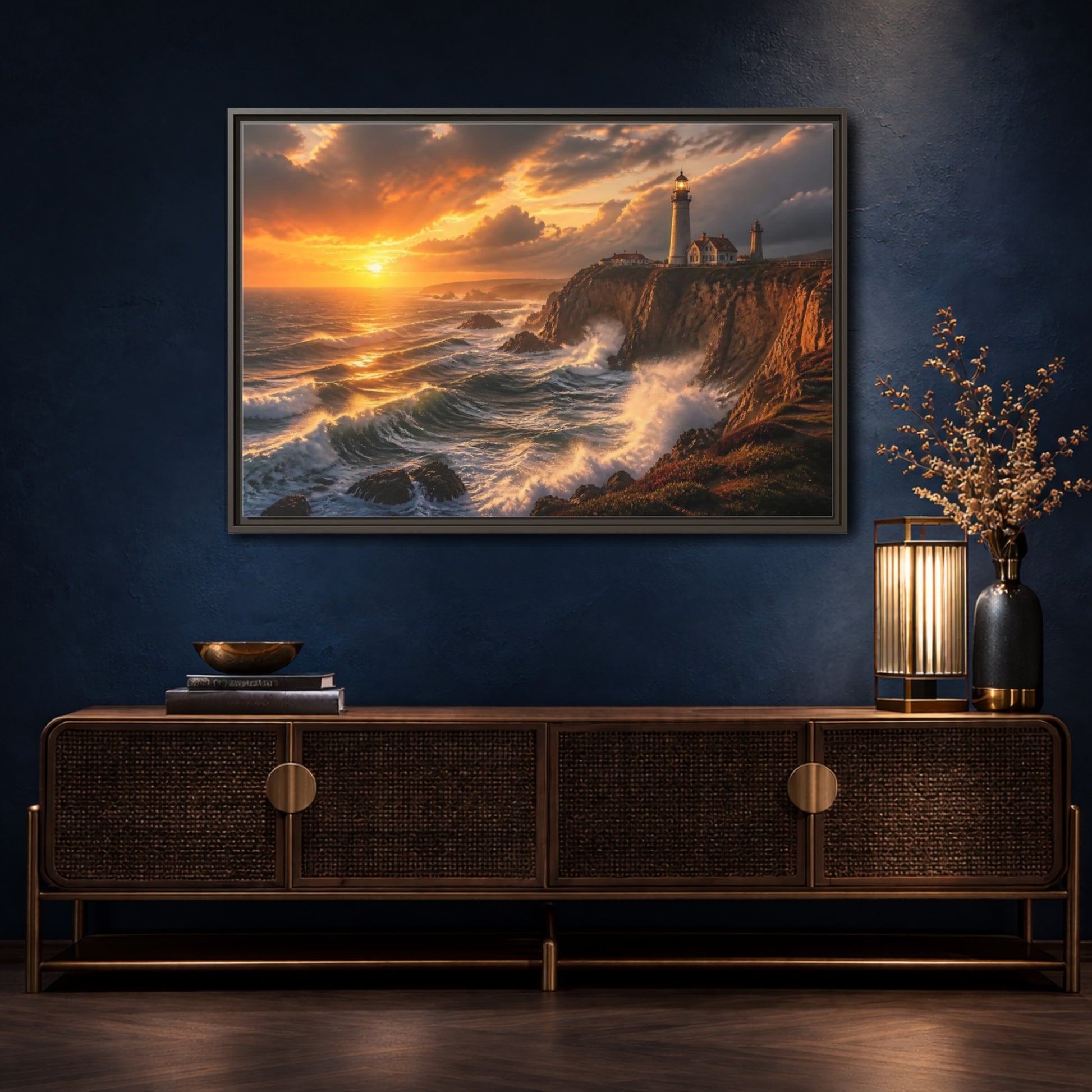 Mockup 4. Sunset Lighthouse On Cliffs shown as framed canvas print