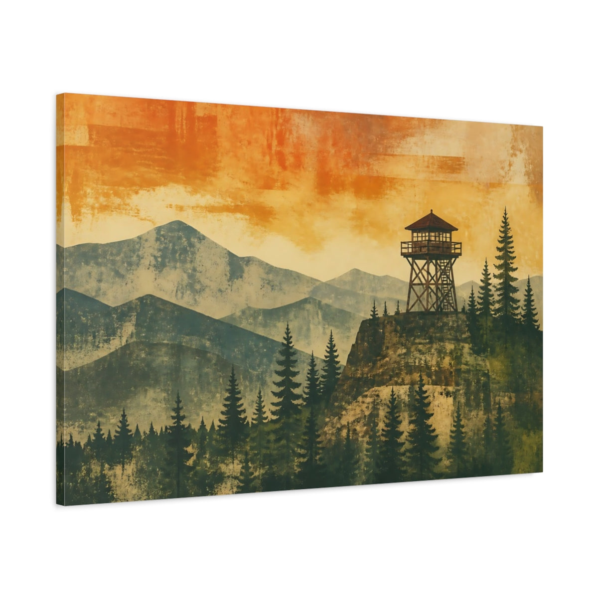Main Mockup. Sunset Lookout Tower shown as canvas print