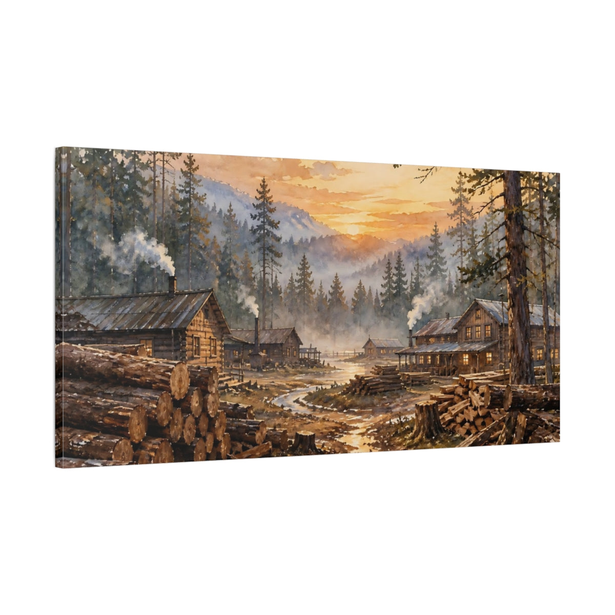Main Mockup. Sunset Lumber Camp shown as canvas print