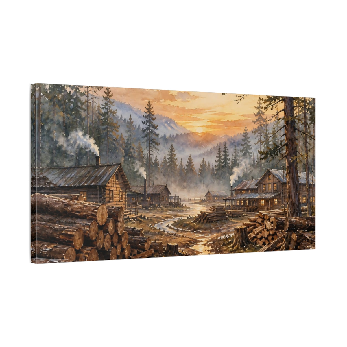 Side Mockup 1. Sunset Lumber Camp shown as canvas print
