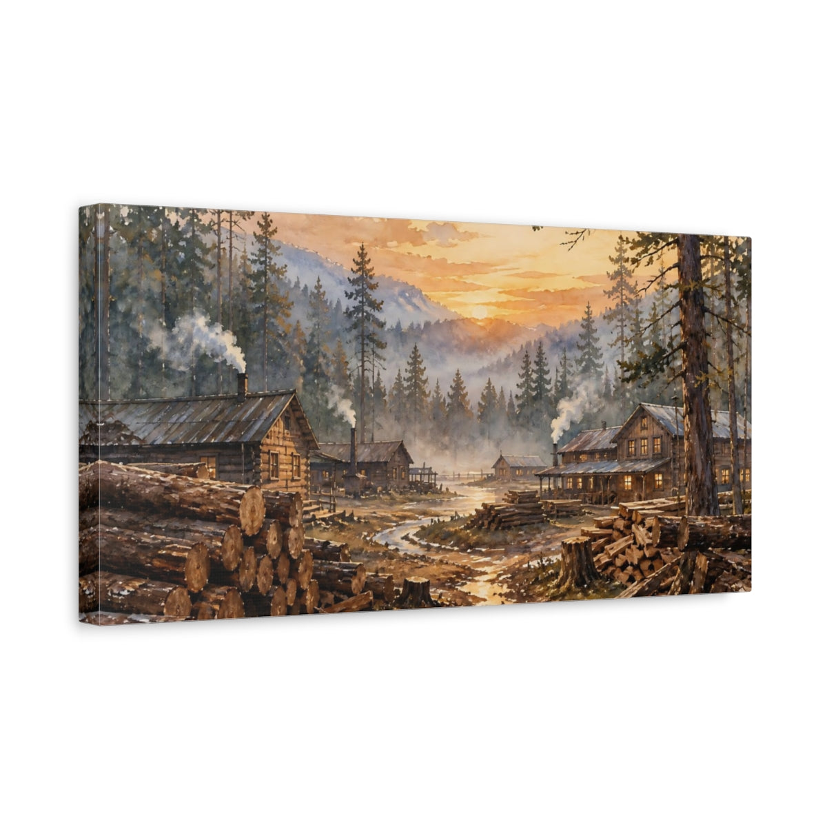Side Mockup 3. Sunset Lumber Camp shown as canvas print