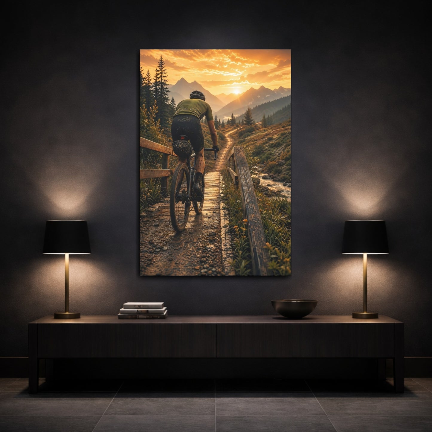Mockup 3. Sunset Mountain Bike Ride shown as canvas print