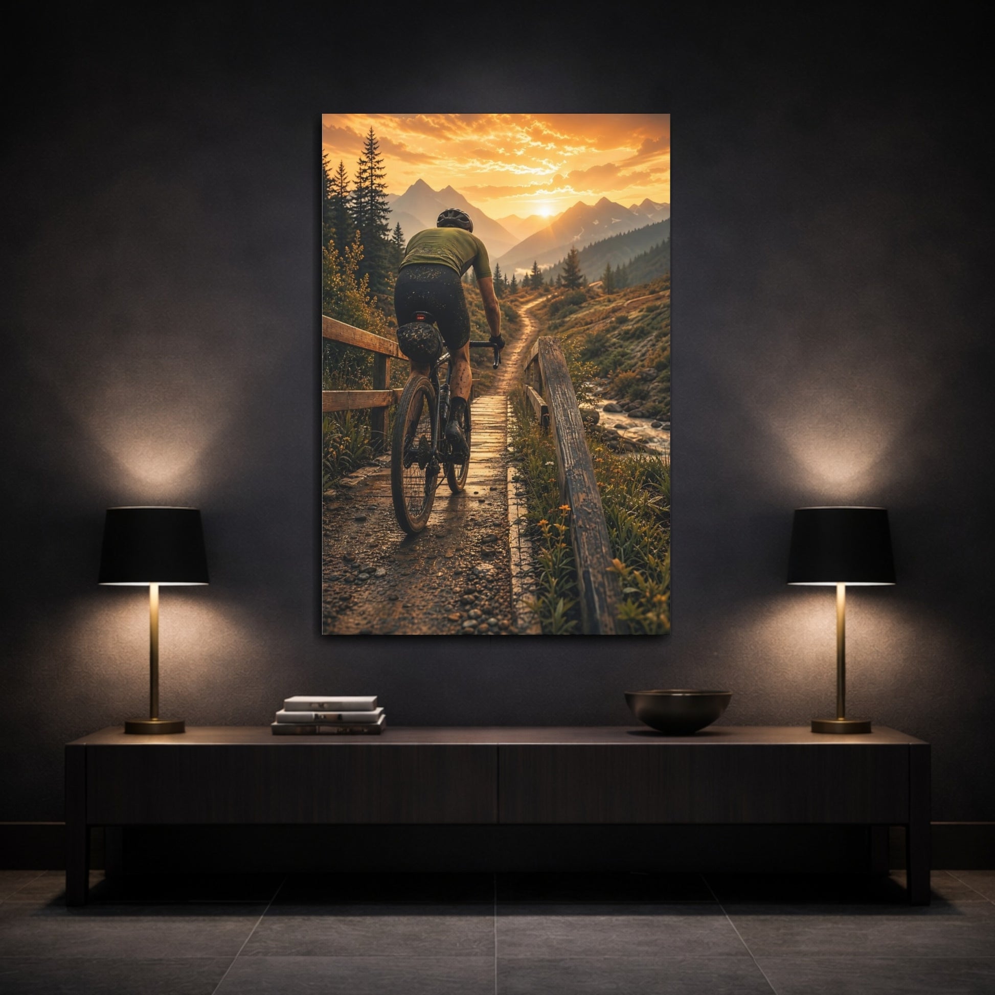 Mockup 3. Sunset Mountain Bike Ride shown as canvas print