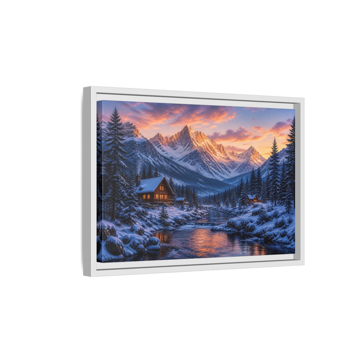 Side Mockup 4. Sunset Mountain Cabin Retreat shown as framed canvas print