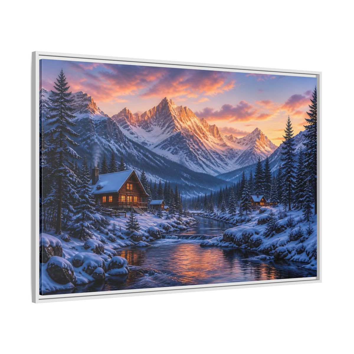 Side Mockup 7. Sunset Mountain Cabin Retreat shown as framed canvas print
