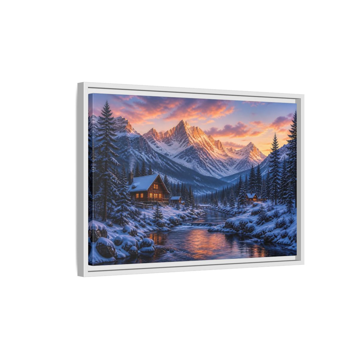 Side Mockup 1. Sunset Mountain Cabin Retreat shown as framed canvas print