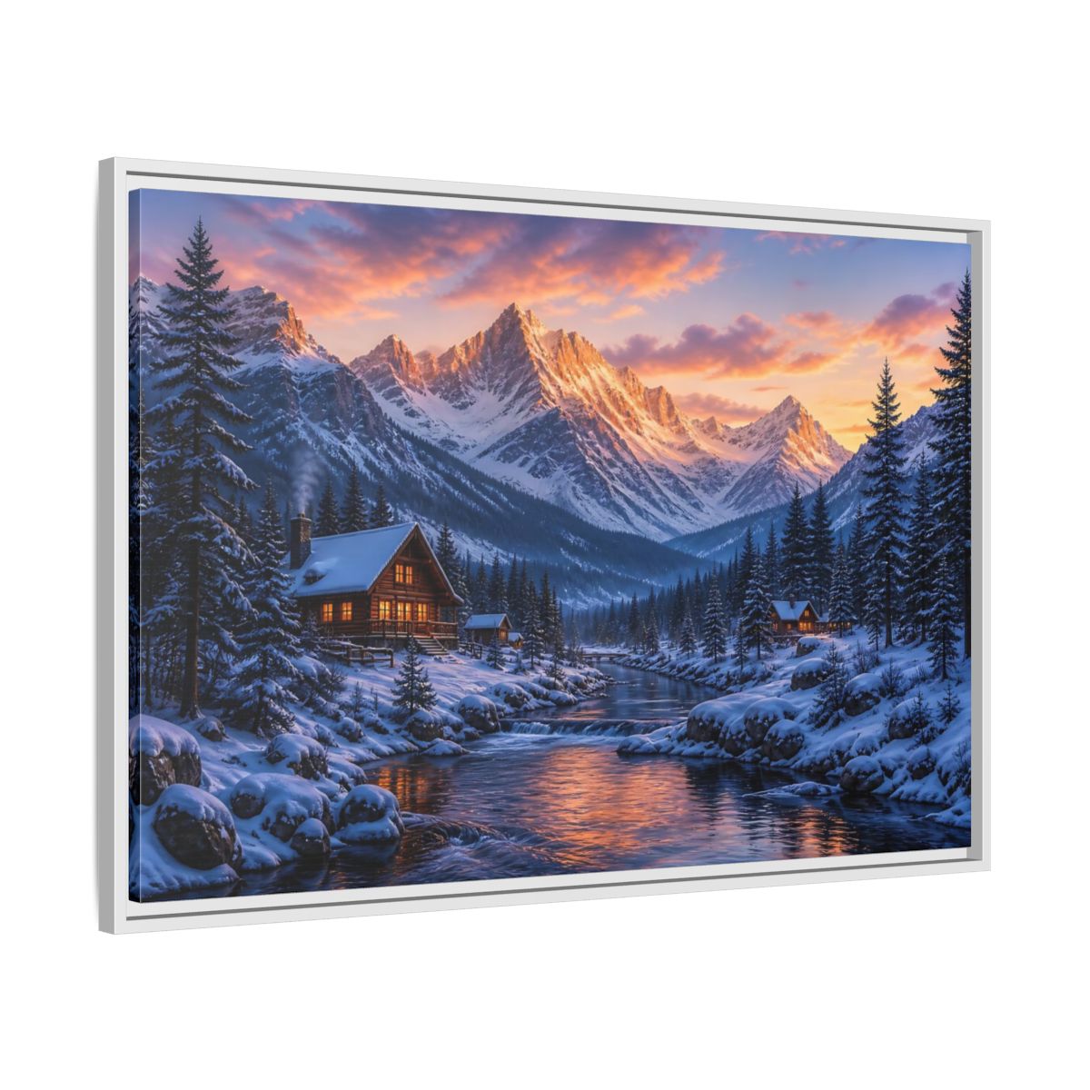 Side Mockup 9. Sunset Mountain Cabin Retreat shown as framed canvas print