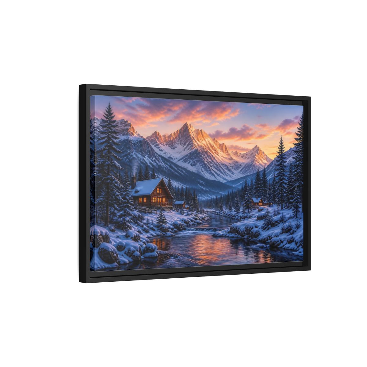 Side Mockup 3. Sunset Mountain Cabin Retreat shown as framed canvas print