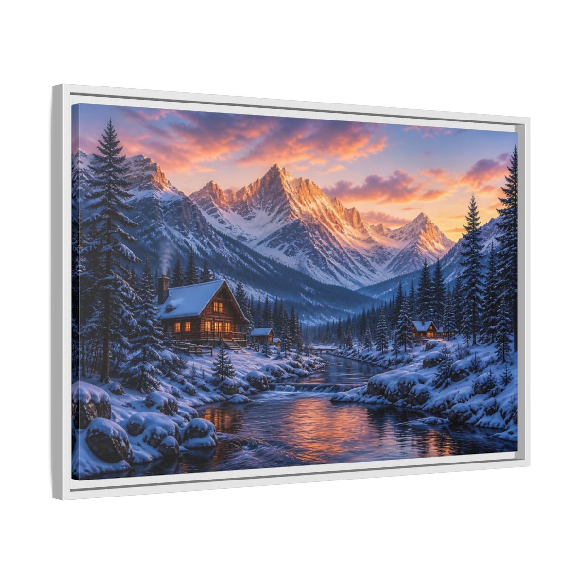 Side Mockup 10. Sunset Mountain Cabin Retreat shown as framed canvas print
