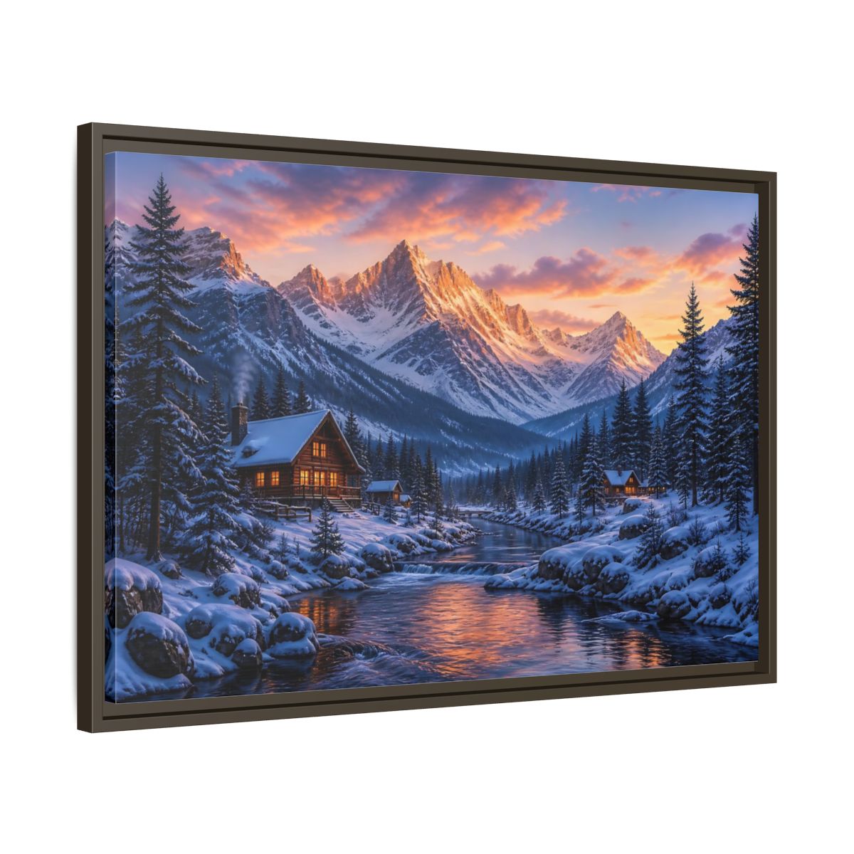 Side Mockup 11. Sunset Mountain Cabin Retreat shown as framed canvas print