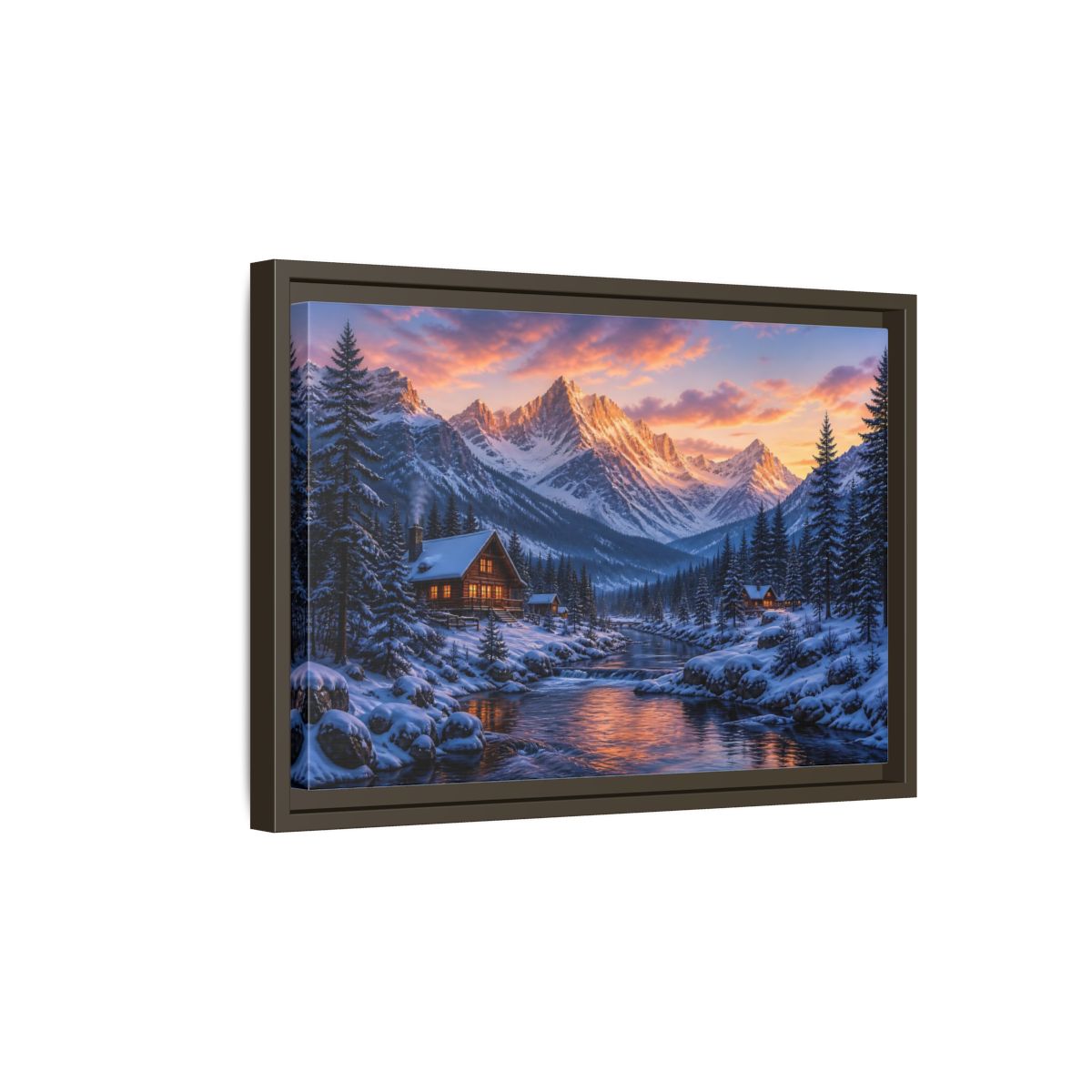 Side Mockup 5. Sunset Mountain Cabin Retreat shown as framed canvas print