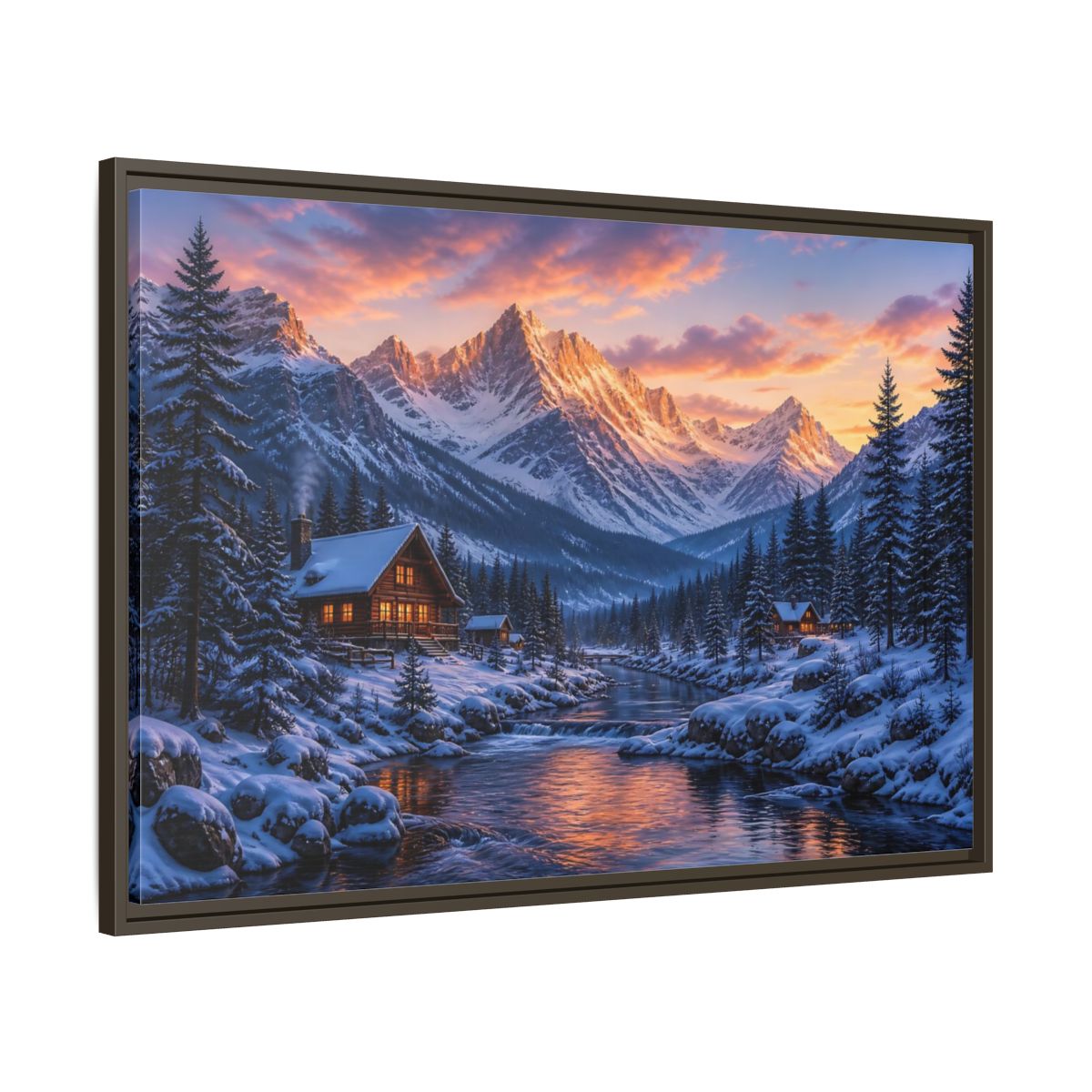 Main Mockup. Sunset Mountain Cabin Retreat shown as framed canvas print