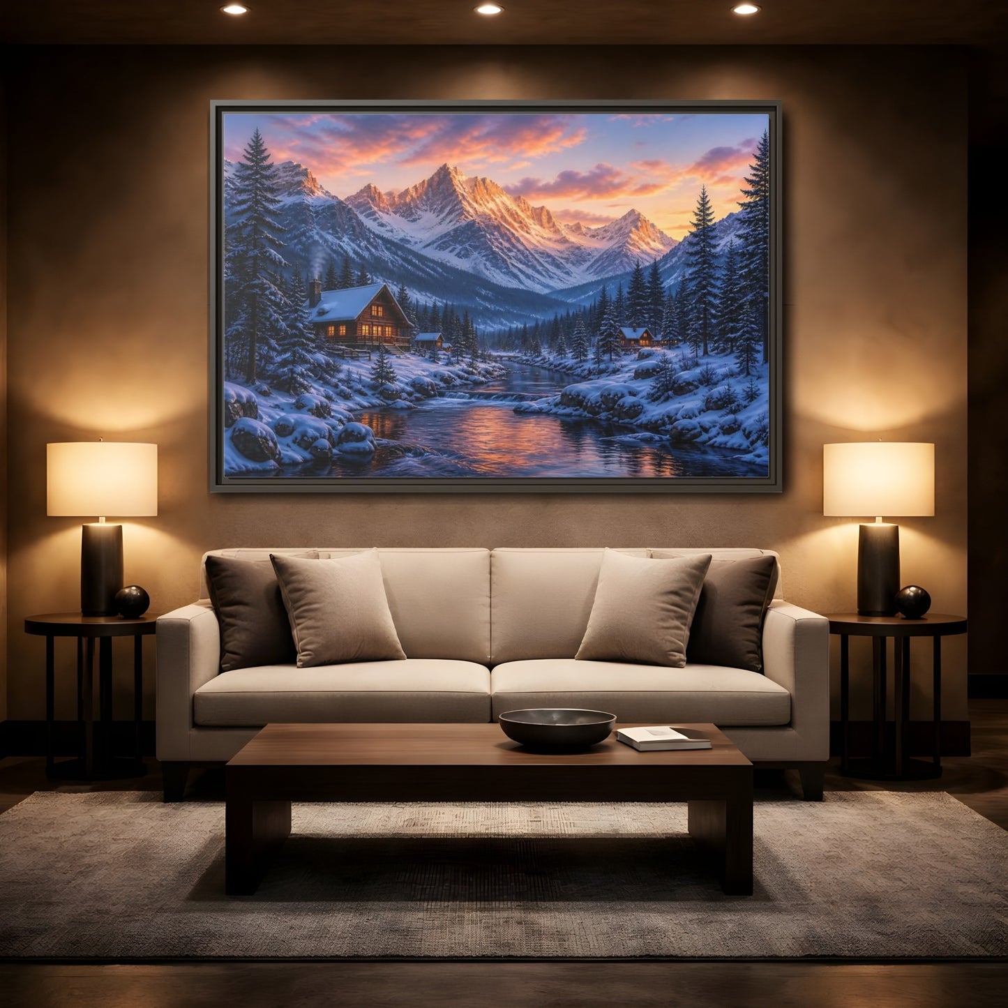 Mockup 2. Sunset Mountain Cabin Retreat shown as framed canvas print