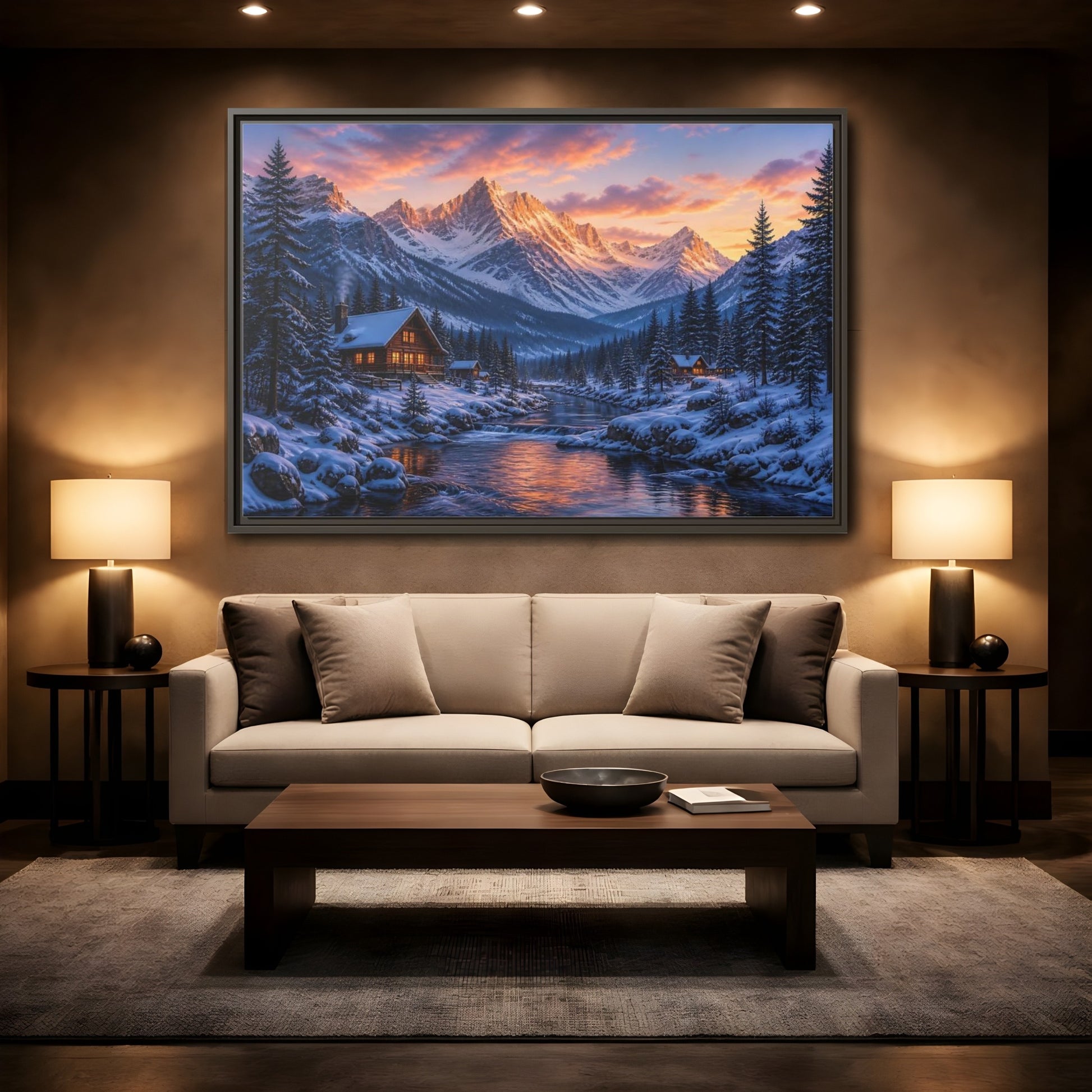 Mockup 2. Sunset Mountain Cabin Retreat shown as framed canvas print