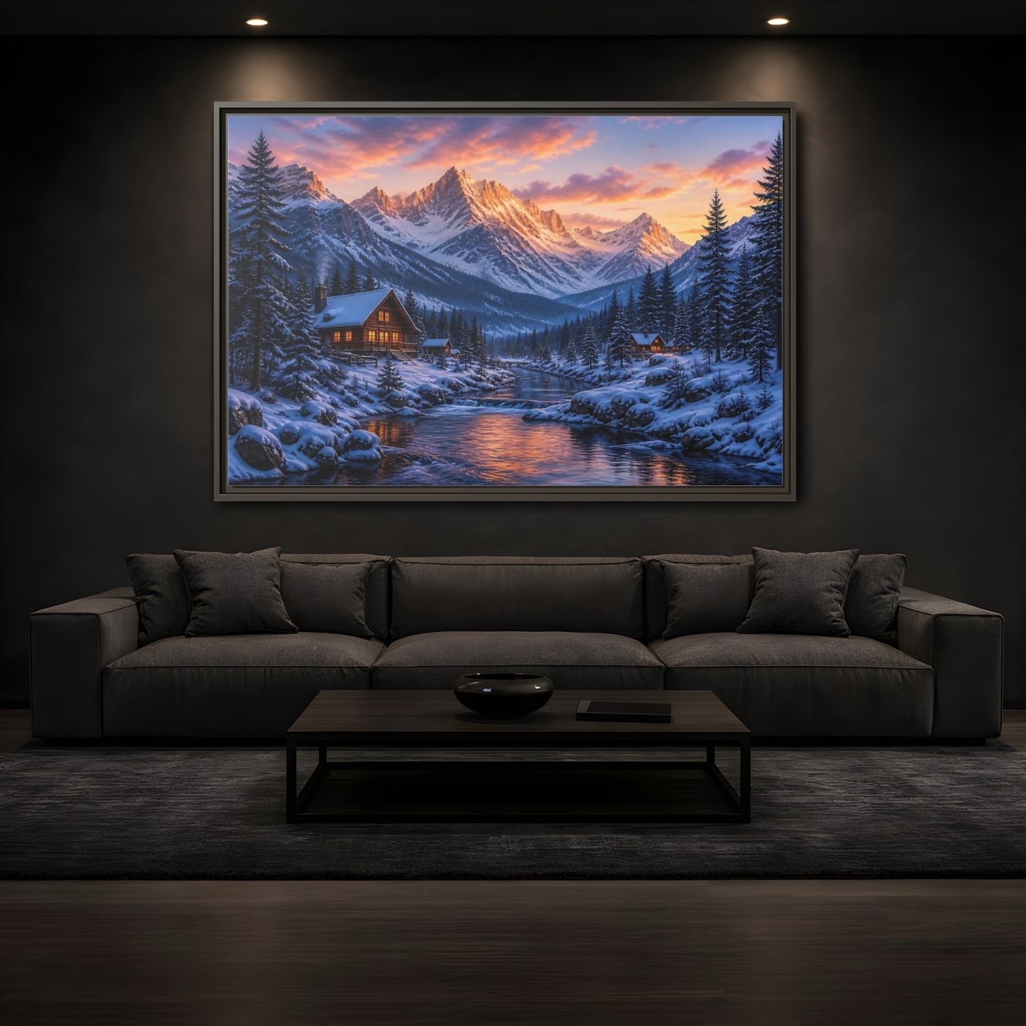 Mockup 3. Sunset Mountain Cabin Retreat shown as framed canvas print